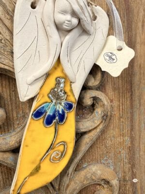 Anioł ceramiczny żółty z irysem